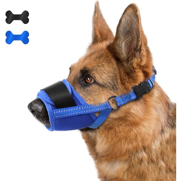 Hundens nosparti, mjukt nosparti för att motverka och förhindra bitande skällande tugga, mesh stort nosparti utan skällande med reflekterande och justerbar rem (blå-L)
