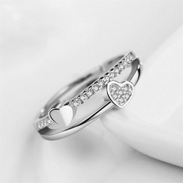 Kvinder Dobbeltlags Hjerteform CZ Krystal Ring Rose Guld Sølv 2 Farver Simuleret Diamant Ring Åbningsring, Sølv,1 Stk