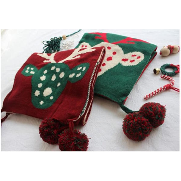 Dame høst og vinter kaldt skjerf jul grønn tykk strikket reinsdyr prikkete jacquard fleece søt varm myk kasjmir touch skjerf sjal skjerf