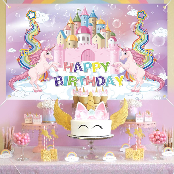 Enhjørning Gratulerer Med Dagen Banner Bakgrunn - Enhjørning Bursdag Dekorasjoner for Baby Rosa Bursdag Banner Regnbue Enhjørning Fest Dekorasjoner Foto Bakgrunn