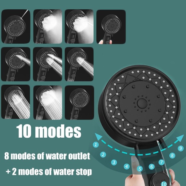 Høytrykksdusjhode 10 justerbare moduser, dusjhode på bad med stopp, anti-kalk dusjhode med utskiftbart PP bomullsfilter