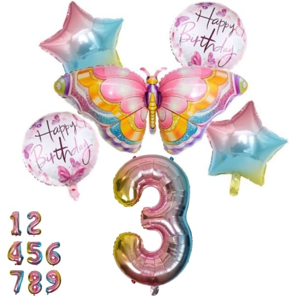 Butterfly Balloon Birthday Decoration 3 Years Set - Butterfly Party, Number 3 Balloon Pink Rainbow, Folie Ballong Dyr Gratulerer med bursdagen dekorasjoner