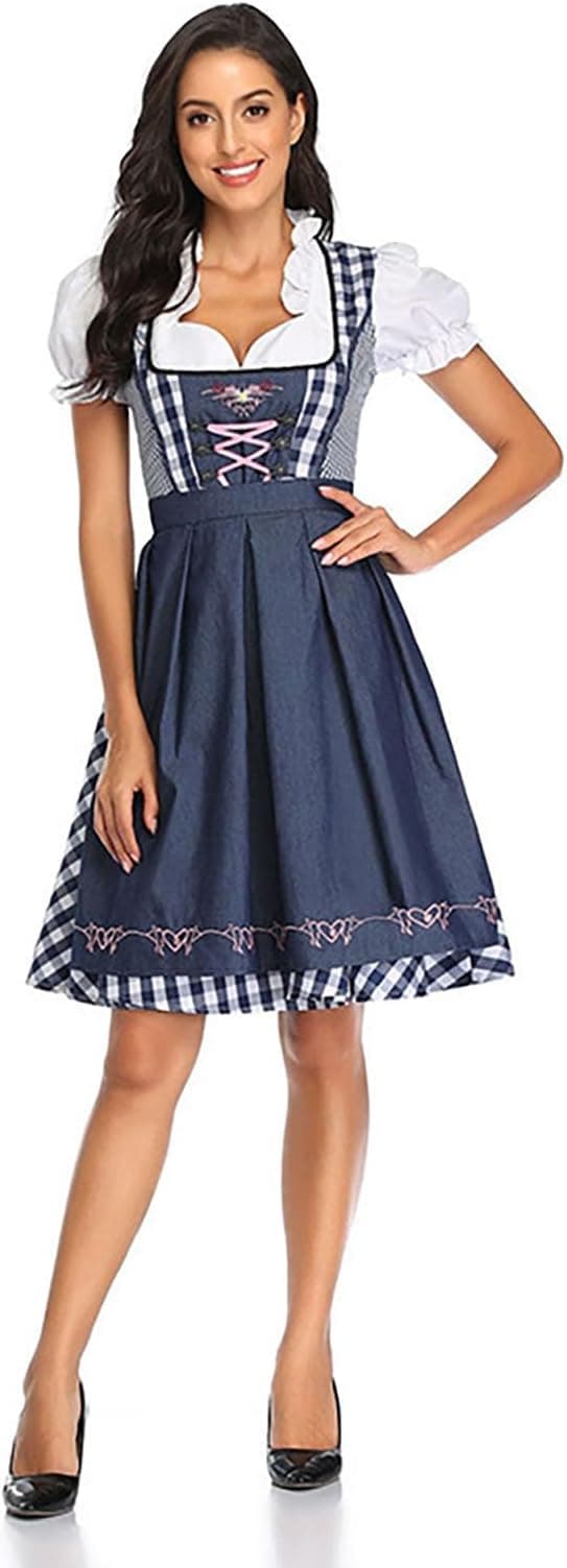 Dirndl til kvinder, traditionel midikjole til kvinder, dirndl-kjole med blonder inkl. dirndl-bluse og dirndl-forklæde, 3 dele, til Oktoberfest og Dark blue XXL