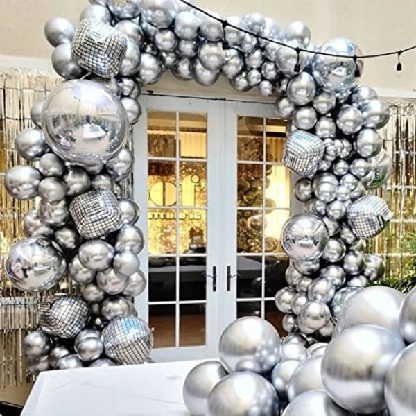 Metallisk Silver Ballong Garland Arch Kit med 4D Laser Disco Folieballong för födelsedag Bröllops Bachelor Party Graduation Party