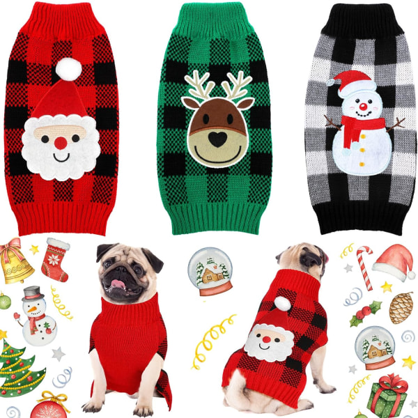 3 stycken julhundtröjor Set Santa Snögubbe Ren Pläd Valp Hundtröjor Kläder Husdjursstickade plagg för hund Katt Husdjurskostym, medium