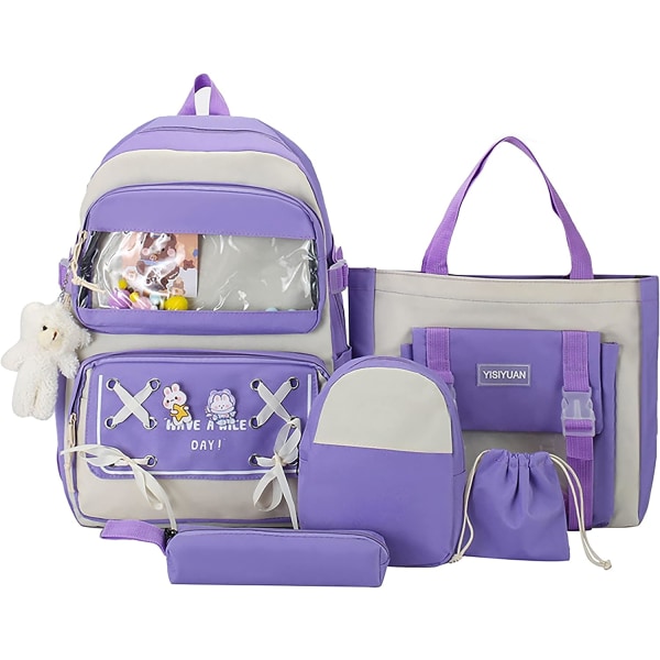 5PCS Kawaii Ryggsekksett for Tenåringsjenter 17in Søte Skolesekker Bokveske med Skuldersekk, Blyantboks, Tote Bag, Liten Veske, Lilla