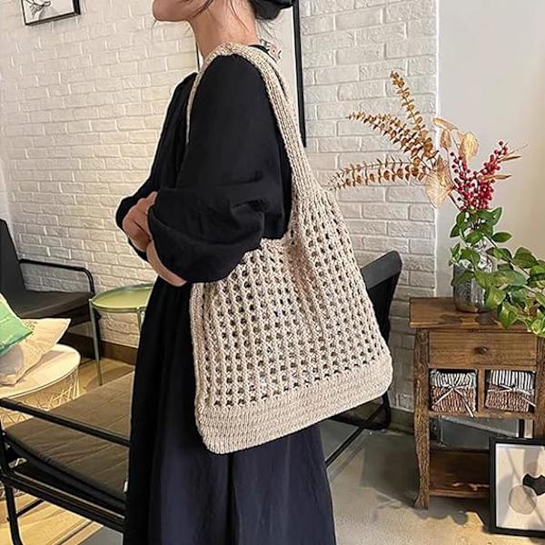 Häcklad Tote Bag Estetisk Nät Strandväskor för Kvinnor