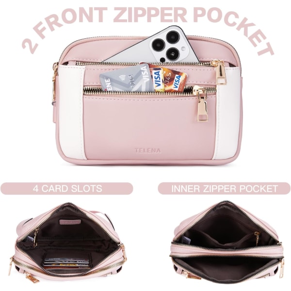 Fanny Packs for Women Cross Body Bag Leather Belt Bag Fashionable Waist Bag with Adjustable Strap Pink-White