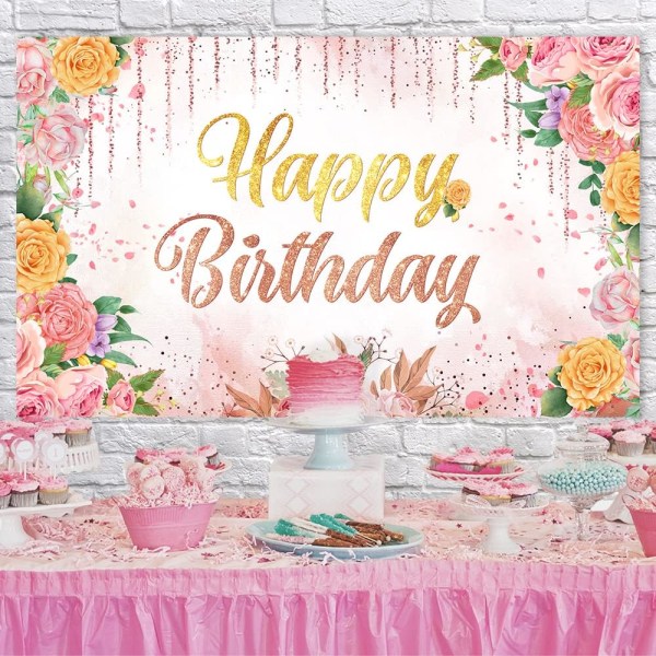 180 x 110 cm, rosa gratulasjonsbakgrunn, blomstergull glitter bursdagsbanner med bursdagsdekorasjoner med roseblomster
