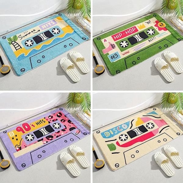 Badematte for gutter og jenter, tenåringer, badematte med vintage musikktema, retro gulvmatte med klebebånd, sklisikker dusjmatte