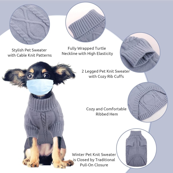 Liten hund genser, kaldt vær kabel strikkevarer, turtleneck tykke varme klær for Chihuahua, Bulldog, Dachshund, Pug, Yorkie (Grå, Stor)