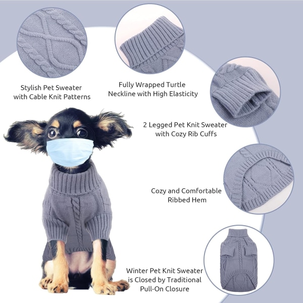 Pieni koiran neulepusero, kylmän sään kaapelineule, kilpipaita paksut  lämpimät vaatteet chihuahualle, bulldogille, mäyräkoiralle, mopsille,  yorkielle (harmaa, pieni) 18f8 | Fyndiq