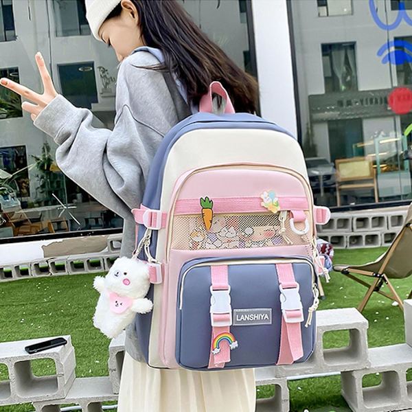 5 st kawaii-ryggsäckar, söt ryggsäck, estetisk ryggsäck, preppy ryggsäck set kawaii skolmaterial med accessoarer (blå)
