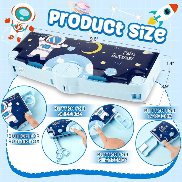 Multifunktion Pop-up Penalhus, Kawaii Cute Cartoon Penalbox med Saks Lineal, Organizer Papirtaske (Astronaut)