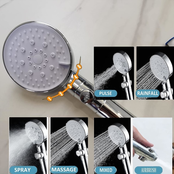 High Pressure Water Saving Shower Head, 6 Mode Adjustable Bathroom Shower Head, Anti Limescale Shower Head with Stop, Easy to Install Silver