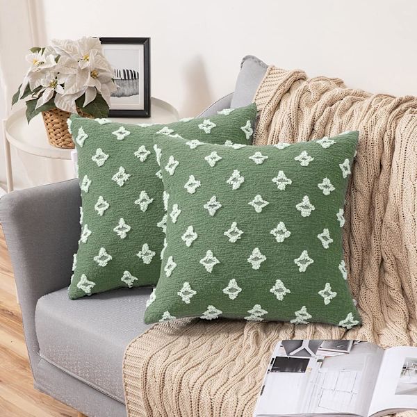 Set med 2 dekorativa kuddfodral i salviagrön, rombiskt jacquardvävt örngott, mjukt kuddfodral, 18 x 18 tum