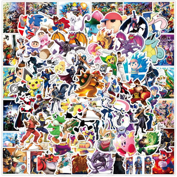 100 kpl Super Smash Bro -tarroja kannettavalle tietokoneelle, viileät klassiset sarjakuva-vinyylimerkit tietokoneelle, rullalaudalle, vesipulloille, puhelimelle, romulle, autolle, matkatavaroille