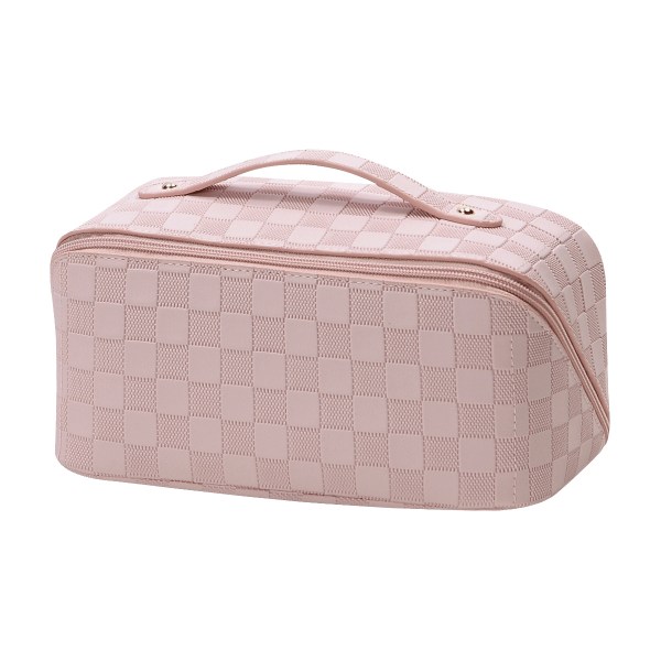 Makeuptaske - Kosmetisk rejsetaske med stor kapacitet til kvinder, multifunktionel åben flad toilettaske med håndtag, Pink
