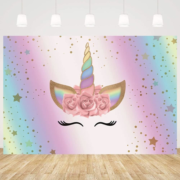 Glad Barnens Dag Fest Bakgrund Enhörning Guld Stjärna Barn Födelsedag Banner Fotografi Bakgrund Foto Studio Rekvisita (5x3FT/1.5x0.9m)