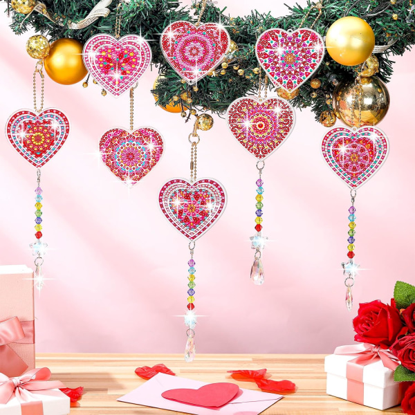 8 stk Valentinsdag diamant kunstsæt 5D DIY hjerte diamant kunst hængende ornamenter Valentine dobbeltsidede vindklokker tags med krystal vedhæng