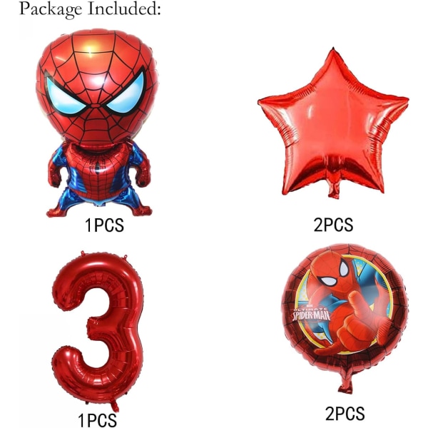 6 st superhjälte Spiderman-tema 3:e födelsedagsdekorationer Röd nummer 3 ballong 32 tum | Spiderman födelsedagsballonger (Spiderman3:e födelsedag)