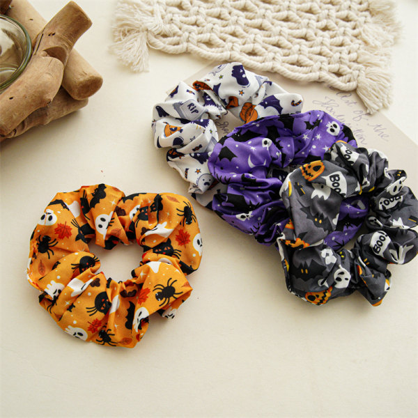 Satin Halloween hår scrunchies kranie hårbånd græskar hår tilbehør, edderkop flagermus scrunchies spøgelse hårbånd til kvinder (kranie, spøgelse, edderkop, flagermus)