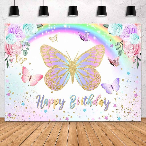 Butterfly Happy Birthday Tausta Purppura Vaaleanpunainen Kukka Sateenkaari Perhonen Syntymäpäivä Tausta Perhonen Syntymäpäiväkoristeet Juhlabanneritarvikkeet 8X6ft