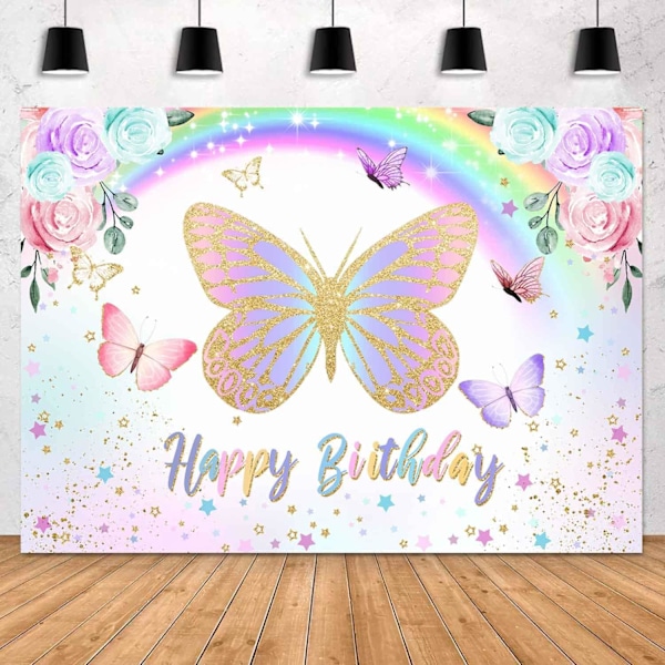 Perhonen Hyvää Syntymäpäivää Tausta Violetti Vaaleanpunainen Kukka Sateenkaari Perhonen Syntymäpäivä Tausta Perhonen Syntymäpäiväkoristeet Juhla Banner Tarvikkeet 8X6ft