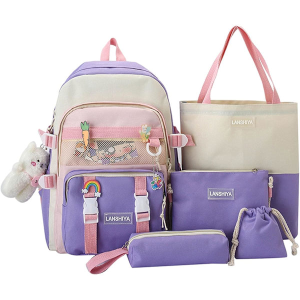 5 stk. Kawaii Rygsæk Sød Rygsæk Æstetisk Rygsæk Preppy Rygsæk Sæt Kawaii Skoleartikler med Tilbehør (Lilla)