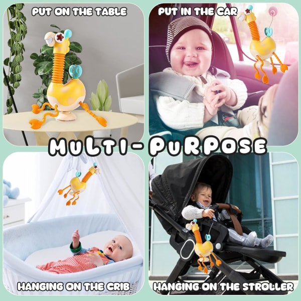 Sensoriska leksaker för småbarn, Monterssori-teleskopisk sugkopp giraffleksak, Aktivitetsleksak med dragsnöre av livsmedelskvalitet med halspopprör, vridande urverk