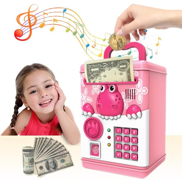 Säästöpossu pojille, tytöille, elektroninen minipankkiautomaatti digitaalisella salasanalla, käteisrahat, lasten kassakaappi, joululahjat lapsille (vaaleanpunainen)