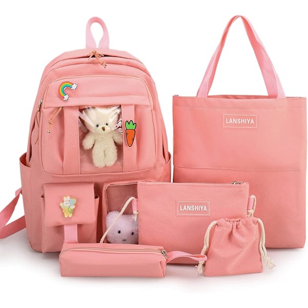 Kawaii 5-delad flickryggsäck för flickor med söta björnaccessoarer, skolmaterial skolväska pennfodral praktisk axelväska-rosa