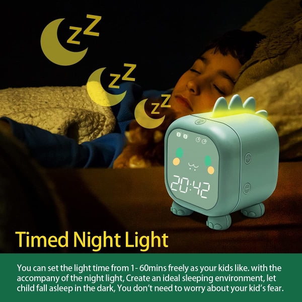 Kids Alarm Clock with Dinosaur, Digital Alarm Clock for Kids Bedroom,Children's Sleep Trainier, Wake Up Light and Night Light with USB (Green)