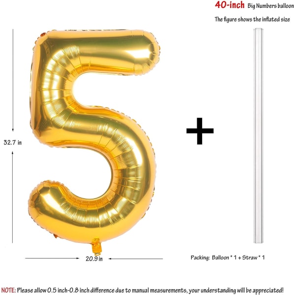 2 kpl 40 tuuman kultanumeroisia heliumfolio-syntymäpäiväjuhlien ilmapalloja (kulta 5)