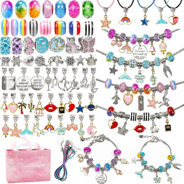 130 styks charmearmbåndsfremstillingssæt inklusive smykkeperler Slangekæder, gør-det-selv-håndværk til piger