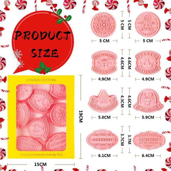 Jul Cookie Cutters Set om 8, Plast Cookie Cutters för Jul, Nyår, Präglad Font för Bakning