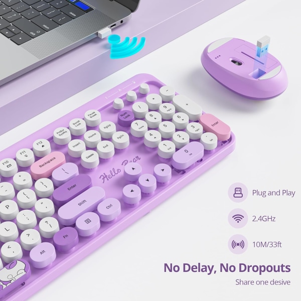 Skrivemaskintastatur Trådløs muskombinasjon, søtt tastatur 2.4G Office Retro-tastatur i full størrelse med runde tastaturer for bærbar PC Stasjonære Mac（lilla）