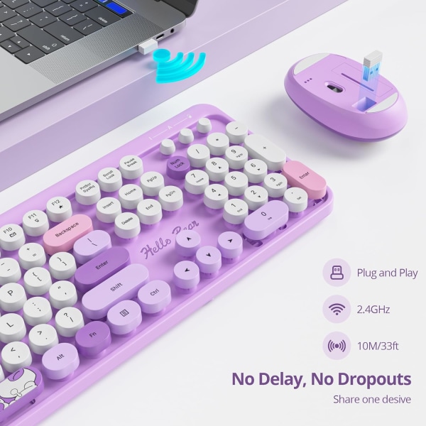 Typewriter Keyboard Wireless Mouse Combo, Cute Keyboard 2.4G Office Full-Sized Retro Keyboard with Round Keycaps for Laptop PC Desktops Mac（Purple）