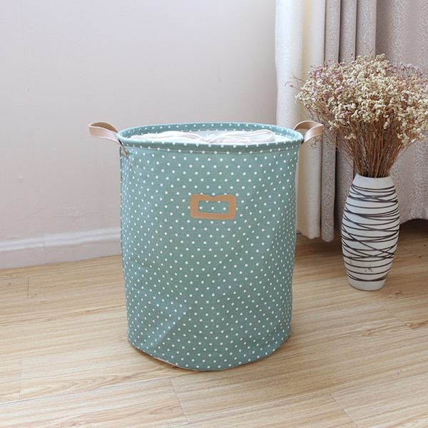 Tjocka hopfällbara runda förvaringskorgar för tvätt, bomull Green dot PU frame 35*45cm