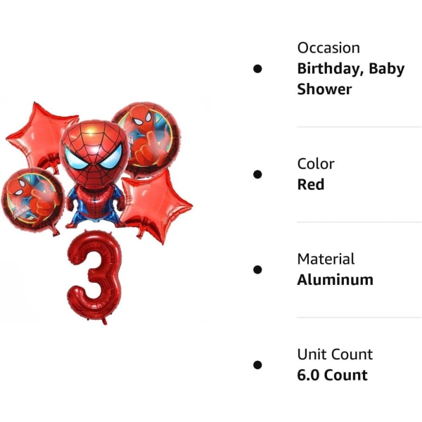 6 kpl Supersankari Spiderman-teemalla 3. syntymäpäiväkoristeita, punainen numero 3 ilmapallo 32 tuumaa | The Spiderman Birthday Balloons (Spiderman 3. syntymäpäivä)