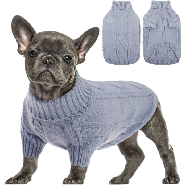 Sweater med lille hundetrøje, kabelstrik til koldt vejr, tykt varmt tøj med rullekrave til Chihuahua, Bulldog, Gravhund, Mops, Yorkie (grå, lille)