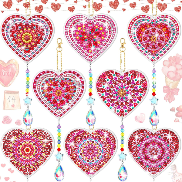 8 stk Valentinsdag diamant kunstsæt 5D DIY hjerte diamant kunst hængende ornamenter Valentine dobbeltsidede vindklokker tags med krystal vedhæng
