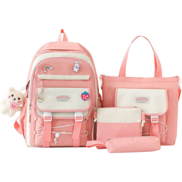 4 stk. Lærreds Skole Taske med Søde Vedhæng Pins Tilbehør til Teen Piger Æstetisk Rygsæk Skulder Tote Tasker Daypack til Tilbage til Skole-pink