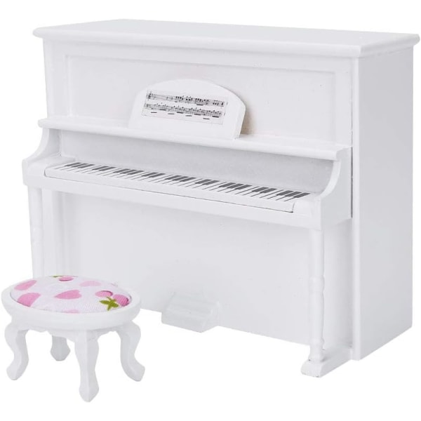 1:12 Mini opprettstående piano, dukkehus Trepiano med krakk Naturtro minihusmodelltilbehør Sportinggoods Dukketilbehør (hvit)