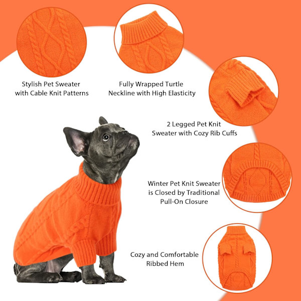 Lille hundetrøje, kold vejr kabelstrik, klassisk turtleneck tykt varmt tøj til chihuahua, bulldog, gravhund, mops (orange, X-Small)