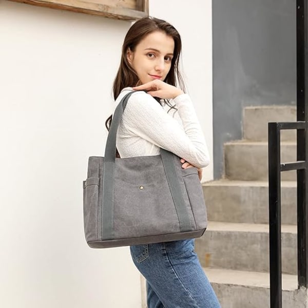 Kvinders Lærred Tote Håndtasker Multi-lomme Retro Casual Skuldertaske Top Håndtag Satchel Tote Pung