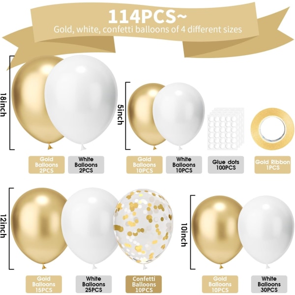 Hvid Guld Konfetti Balloner Garland Arch Kit, 114PCS 18In 12In 10In 5In Latex Hvid Guld Konfetti Balloner til Fest