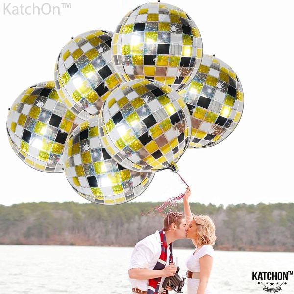 Disco balloner - store, 22 tommer | 360 graders 4D-sfære discoballoner | 90'er festpynt, sort og guld festpynt