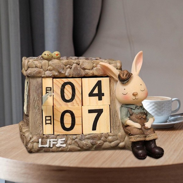 Puinen päiväkalenteri, kanin päivämääränäyttö, uudelleenkäytettävät pöytäkalenteripalikat kahvilaan, ravintolaan, kodin sisustukseen, kaniiniksi pukeutunut tyttö-B