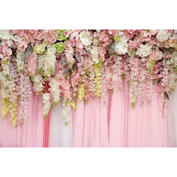 8x6ft Bröllopsdusch Bröllopsbakgrund Rosa Chiffon Blomvägg Fotografi Bakgrund Vinyl Bröllopsdag Baby Shower Födelsedagsfest Dekor